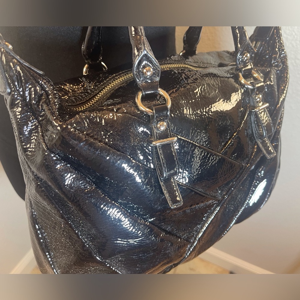 Coach Madison Diagonal Pleated Patent Leather Juliette Satchel Black Bag 21304 - Picture 9 of 13
